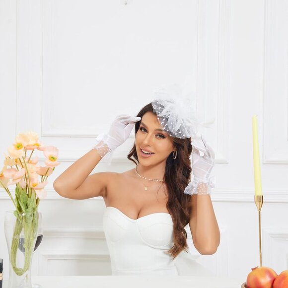 Headwear and Short Lace Bowknot Gloves for Women - White - Picture 4 of 6